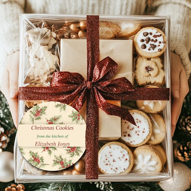 Adesivo Redondo Natais vintages, Holly Berries, Personalizada (Criador carregado)