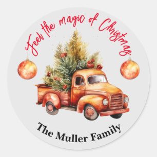 Adesivo Redondo Natais vintages Red Truck Watercolor