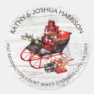 Adesivo Redondo Natais vintages Sleigh e Packages Wood Address