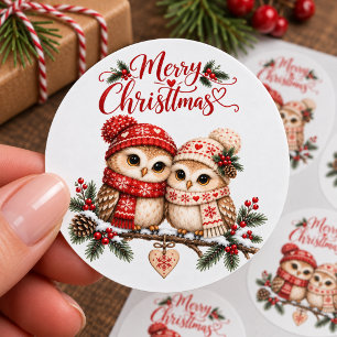 Adesivo Redondo Natal aconchegante de corujas nórdicas escandinava