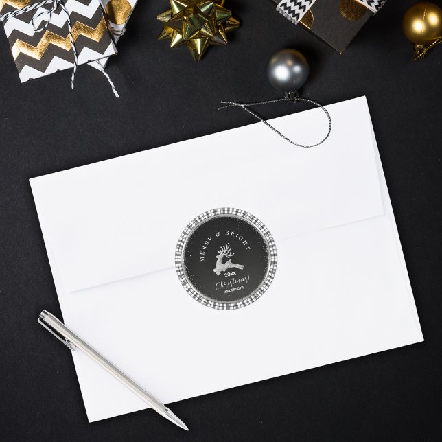 Adesivo Redondo Natal Alegre e Brilhante Xadrez Preto e Branco Per (Criador carregado)