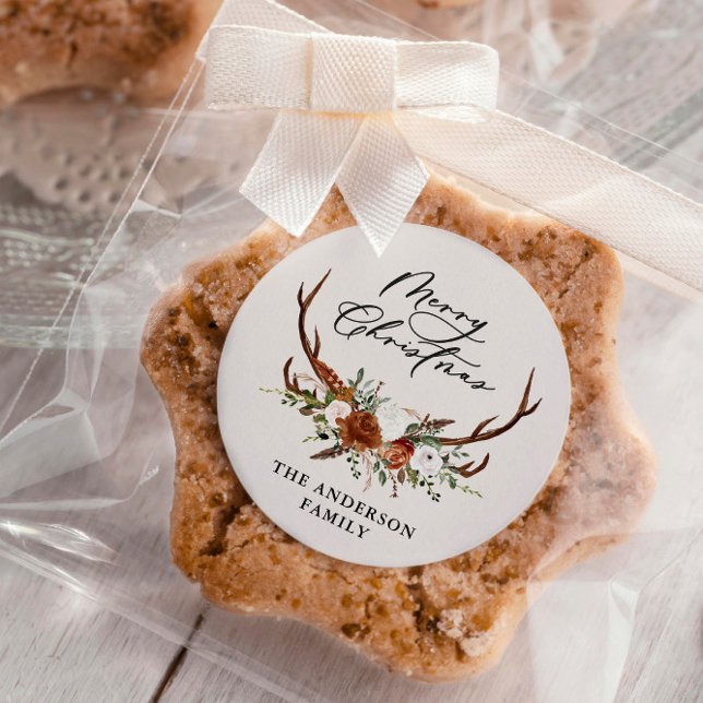 Adesivo Redondo Natal alegre flor cervo aquarela (Criador carregado)