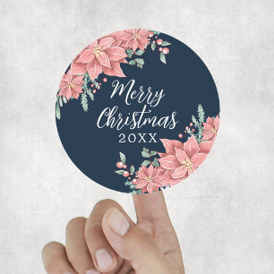 Adesivo Redondo Natal Alegre Floral Rosa Azul Marinho Personalizad