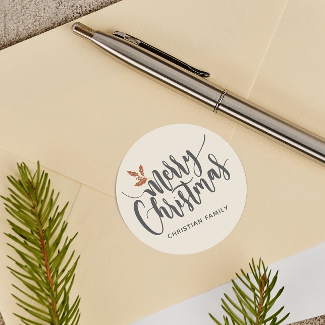 Adesivo Redondo Natal Alegre Rústico Personalizado (Rustic Merry Christmas Personalized Classic Round Sticker)