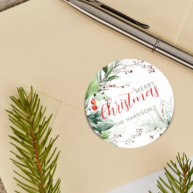 Adesivo Redondo Natal Alegre Vegetação Aquarela (Festive Watercolor Greenery Merry Christmas Classic Round Sticker)