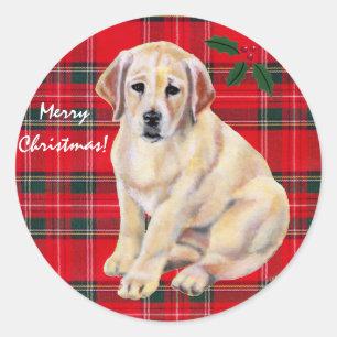 Adesivo Redondo Natal Amarelo Labrador Puppy Tartan