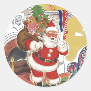 Adesivo Redondo Natal Antigo, Alegre Papai Noel com Presentes
