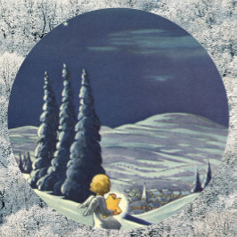 Adesivo Redondo Natal Antigo, Anjo da Neve Caminhando com uma Estr