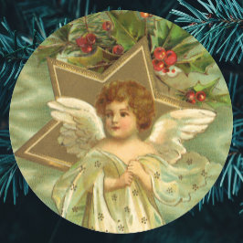 Adesivo Redondo Natal Antigo, Anjo Vitoriano com Estrelas Douradas