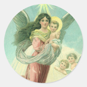 Adesivo Redondo Natal Antigo, Anjo Vitoriano com Menino Jesus