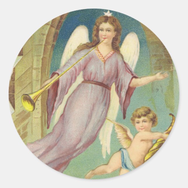 Adesivo Redondo Natal Antigo, Anjo Vitoriano com Querubim (Frente)
