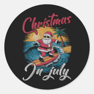 Adesivo Redondo Natal Antigo Em Julho Papai Noel Havaiano Surfando