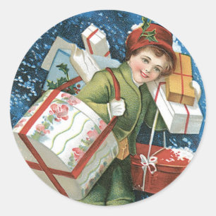 Adesivo Redondo Natal Antigo, Menina com Presentes na Neve de Inve