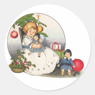 Adesivo Redondo Natal Antigo, Menina Feliz Brincando com Bonecas