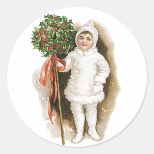 Adesivo Redondo Natal Antigo, Menina Vitoriana com Azevinho