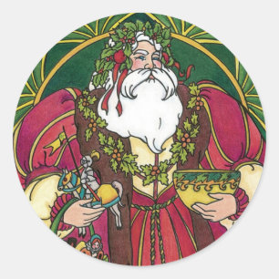 Adesivo Redondo Natal Antigo, Papai Noel com Folhas de Azevinho