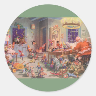 Adesivo Redondo Natal Antigo, Papai Noel com Oficina de Elfos