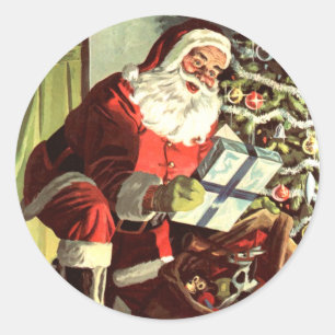 Adesivo Redondo Natal Antigo, Papai Noel Retro com Presentes