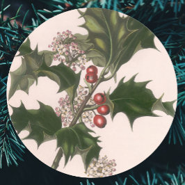 Adesivo Redondo Natal Antigo, Planta de Azevinho com Bagas Vermelh