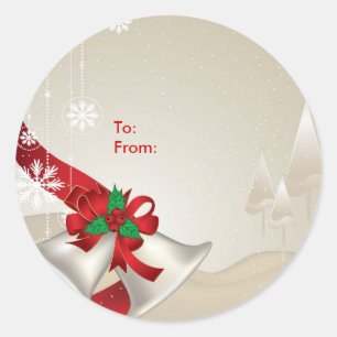 Adesivo Redondo Natal Bels e fitas no bege - Tag do presente