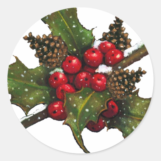 Adesivo Redondo Natal: Berries, Holly, Pine Cones: Arte (Frente)