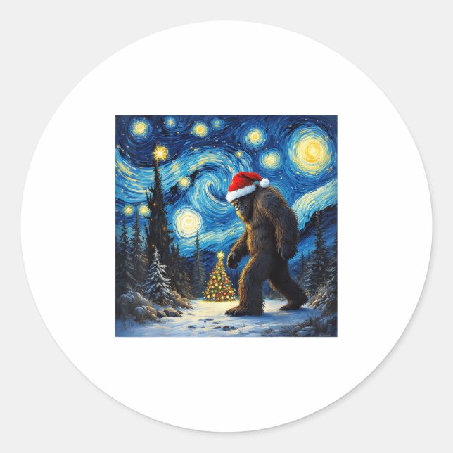 Adesivo Redondo Natal Bigfoot Santa Hat Van Gogh Starry Night (Frente)