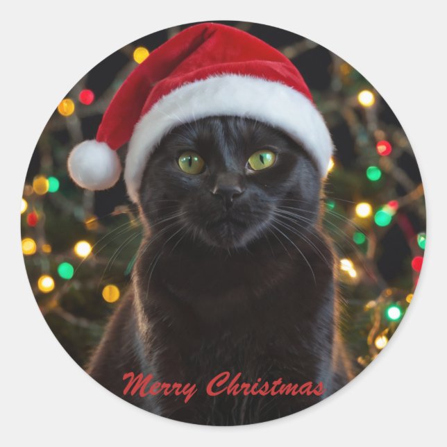 Adesivo Redondo Natal Black Cat - Foto personalizada do Santa Hat (Frente)