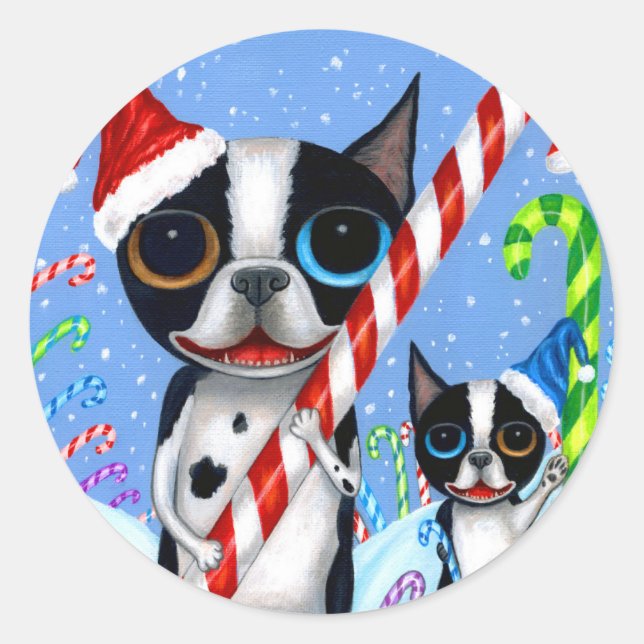 Adesivo Redondo Natal Boston Terrier Cogs Candy Cane Santa Hat (Frente)