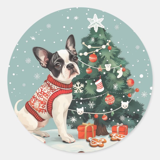 Adesivo Redondo Natal Boston Terrier Dog (Frente)