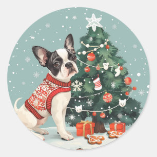 Adesivo Redondo Natal Boston Terrier Dog