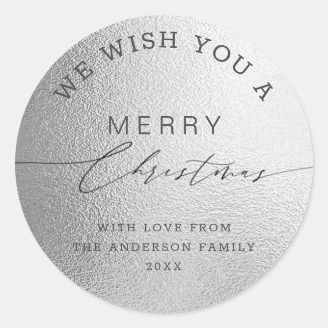 Adesivo Redondo Natal Branco Prateado Fólio Chic Script Feliz (Frente)