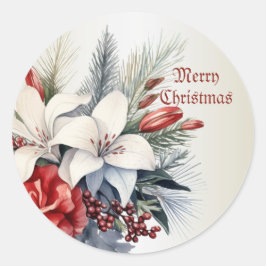 Adesivo Redondo Natal Branco Vermelho Flores Feriados Elegante