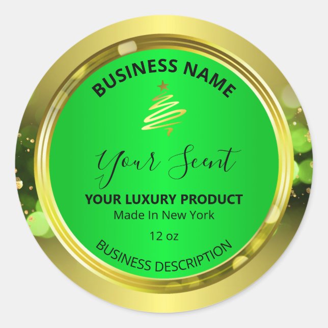 Adesivo Redondo Natal brilha Dourados rótulos ecológicos de produt (Frente)