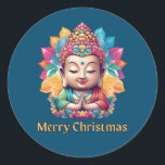 Adesivo Redondo Natal Budista<br><div class="desc">Uma cena tranquila que retrata uma figura serena no meio de um pano de fundo festivo de Natal. A figura, com sua expressão pacífica e postura meditativa, irradia uma aura de calma e introspecção, enquanto as decorações e ornamentos de Natal adicionam um toque de calor e alegria. Esta trabalho de...</div>