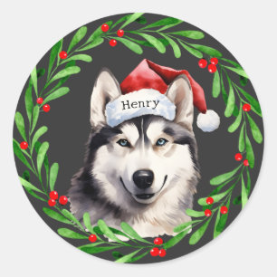 Adesivo Redondo Natal Cachorro Siberian Husky Santa Hat Holiday