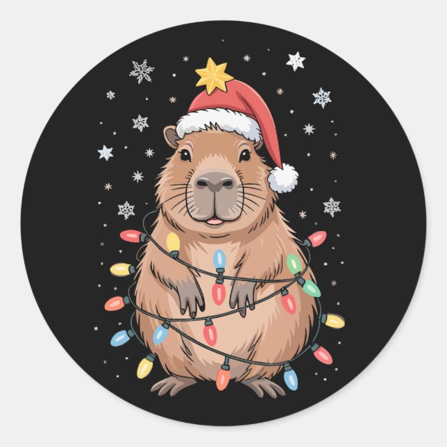 Adesivo Redondo Natal Capybara Com Santa Hat Xmas Lights Tree (Frente)