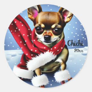 Adesivo Redondo Natal Chihuahua, Cachorro Papai noel