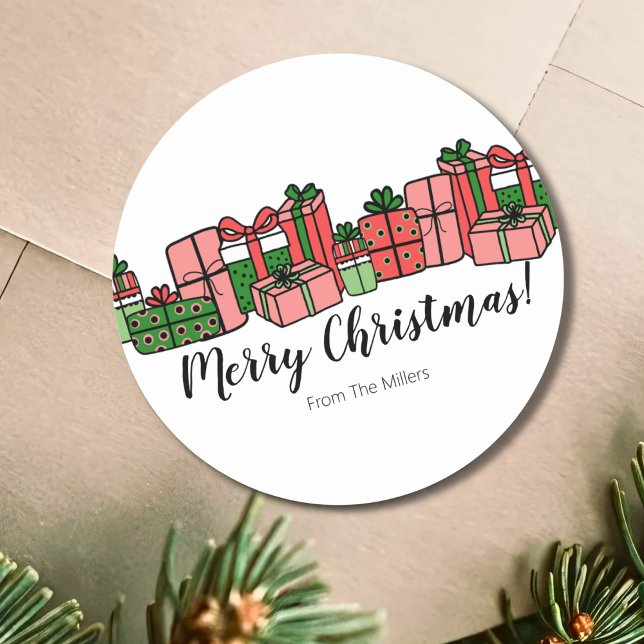 Adesivo Redondo Natal Colorido Fofo (Cute Colorful Simple Modern Red Pink Christmas Classic Round Sticker)