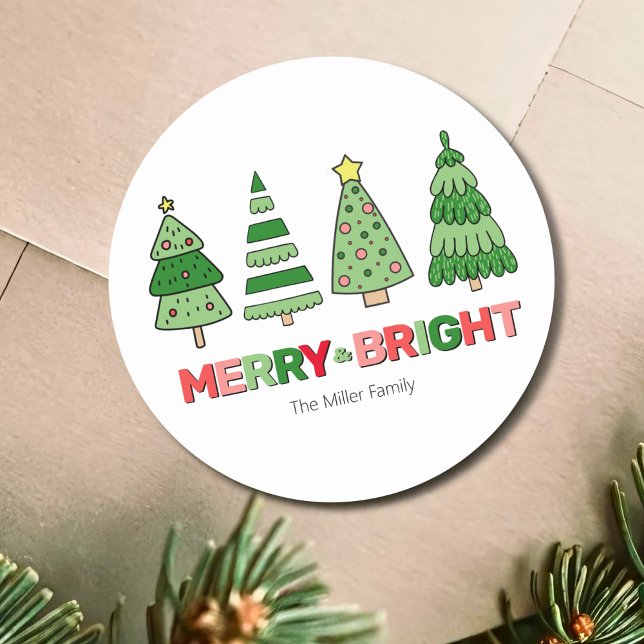 Adesivo Redondo Natal Colorido Fofo Alegre e Brilhante (Cute Colorful Christmas Merry And Bright Classic Round Sticker)