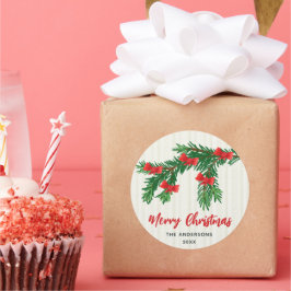 Adesivo Redondo Natal com Vegetação em Aquarela Festiva e Laço Ver