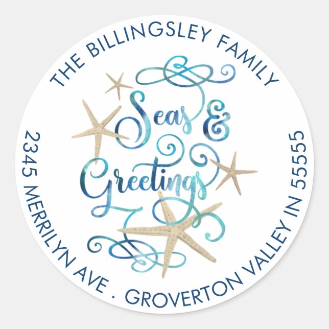 Adesivo Redondo Natal costeiro SEAsons Saudações Endereço de devol (Frente)