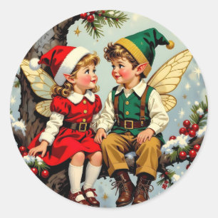 Adesivo Redondo Natal Crianças de Fadas Élficas Vintage Fofas