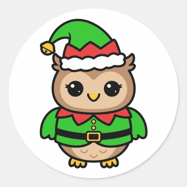 Adesivo Redondo Natal da Elfa Coruja Fofa (Frente)