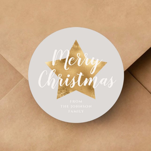 Adesivo Redondo Natal da Estrela Dourada da Cinza Elegante (Elegant Gray Gold Star Christmas Classic Round Sticker)
