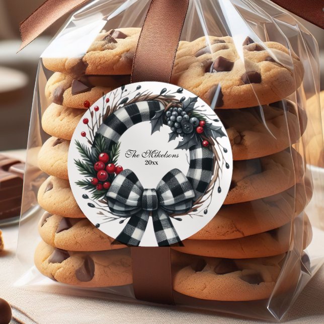 Adesivo Redondo Natal da Família Negra e Branca de Xadrez Buffalo (Criador carregado)