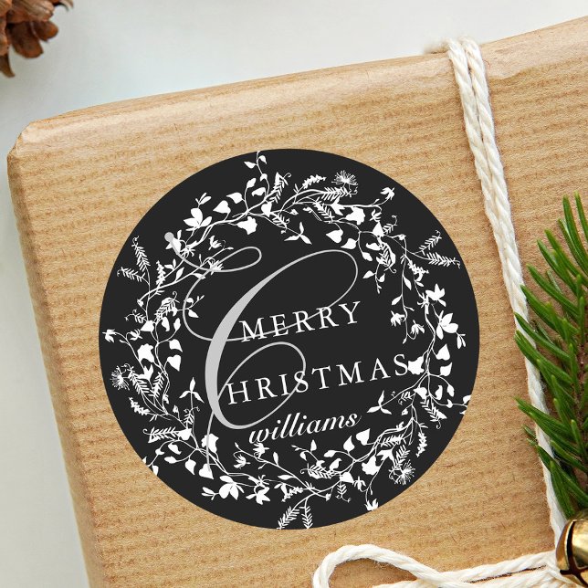 Adesivo Redondo Natal da flor selvagem branca e negra (Criador carregado)