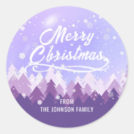 Adesivo Redondo Natal da Floresta Pacífica de Neve Branca e Púrpur