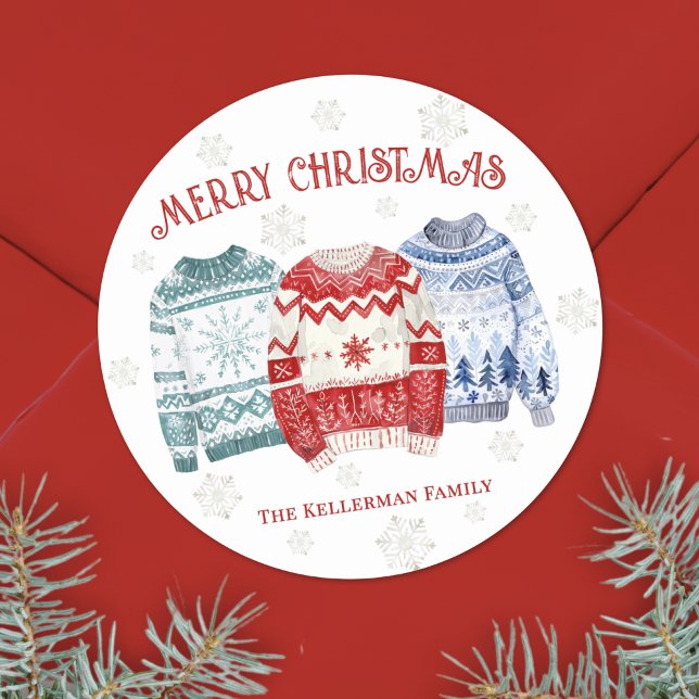 Adesivo Redondo Natal da Suéter Feia (Festive Ugly Sweater Merry Christmas Classic Round Sticker)