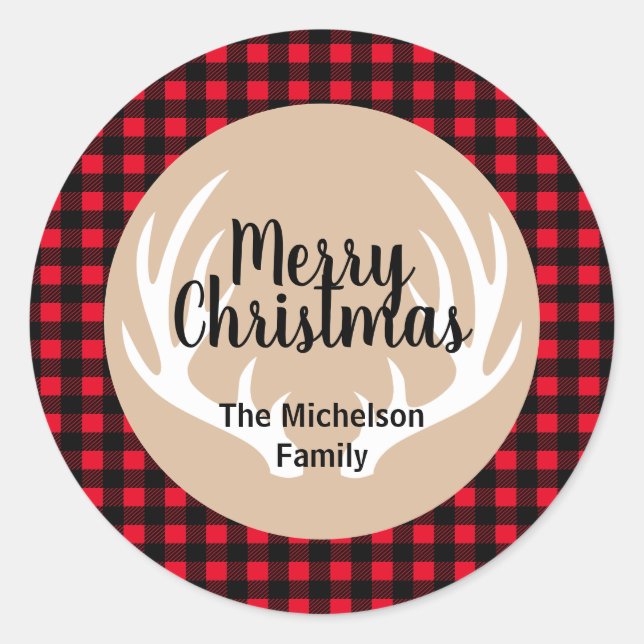 Adesivo Redondo Natal da Xadrez russa de Woodland White Deer Antle (Frente)