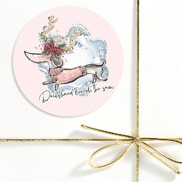Adesivo Redondo Natal Dachschund Através Do Cão Festivo Da Neve